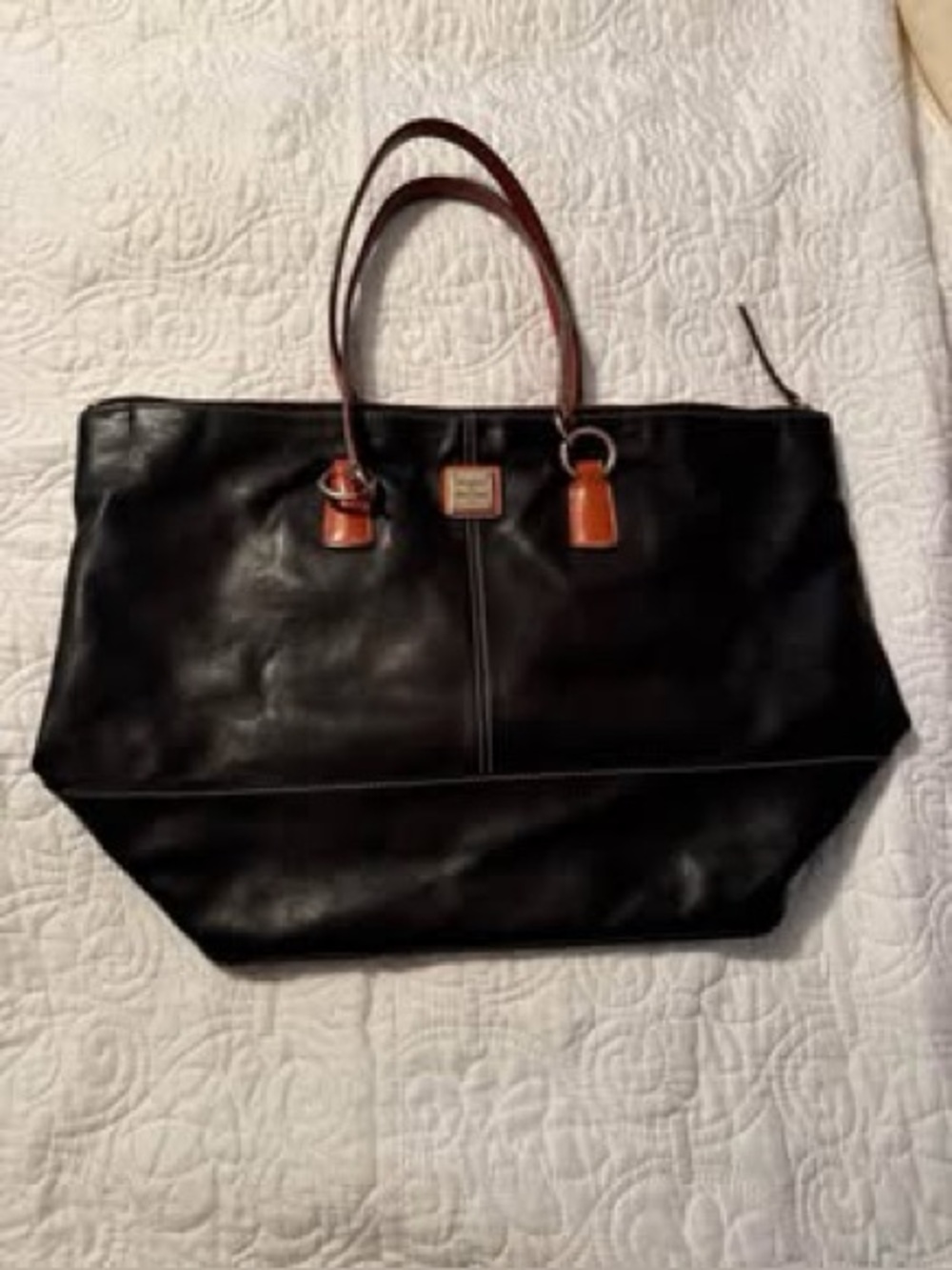 Classic Dooney & Bourke Black Leather Tote with Tan Handles